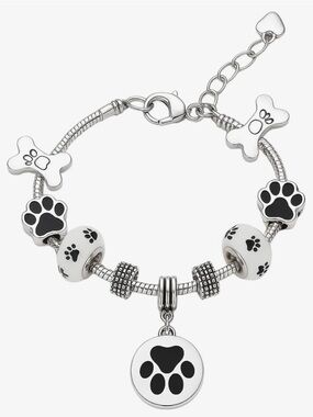 Silver Paw Print Charm Bracelet with White Beads